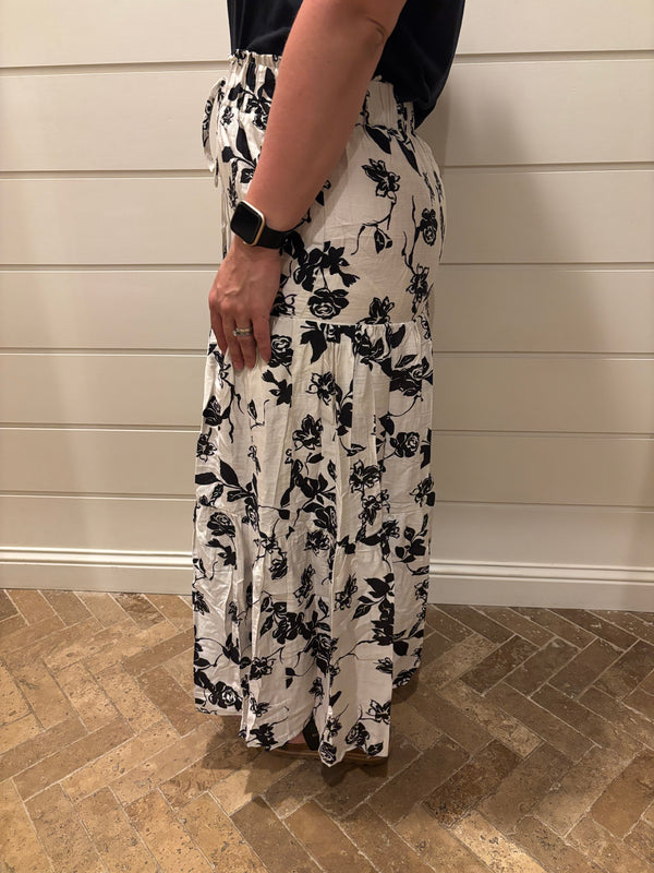 Floral Woven Print Boho Skirt With Front Slit