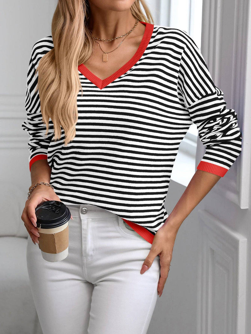 Women's V-Neck Striped Contrast Color Long Sleeve Casual Sweater