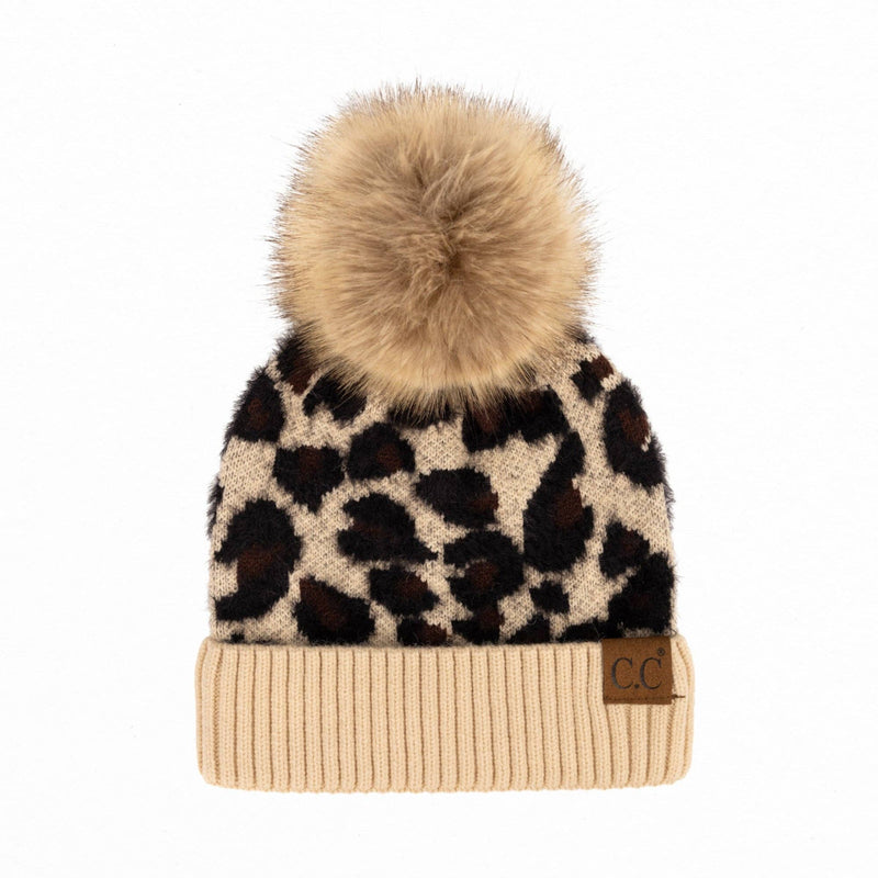 CC Beanie Leopard Winter Hat Ivory Adult