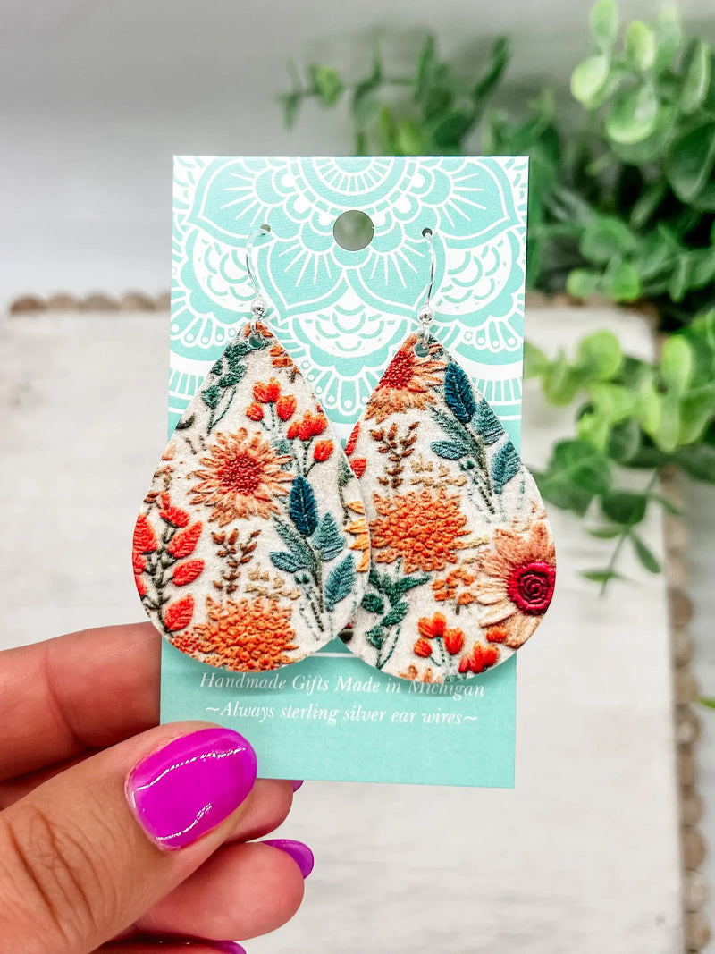 Handmade Embroidered Floral Leather Earrings