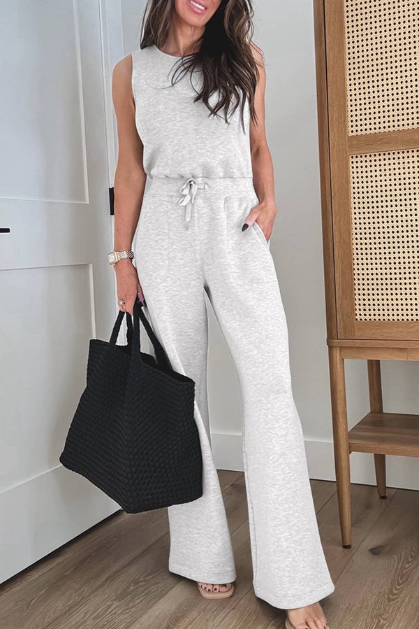 Solid Crew Neck Drawstring High Waist Sleeveless Jumpsuit