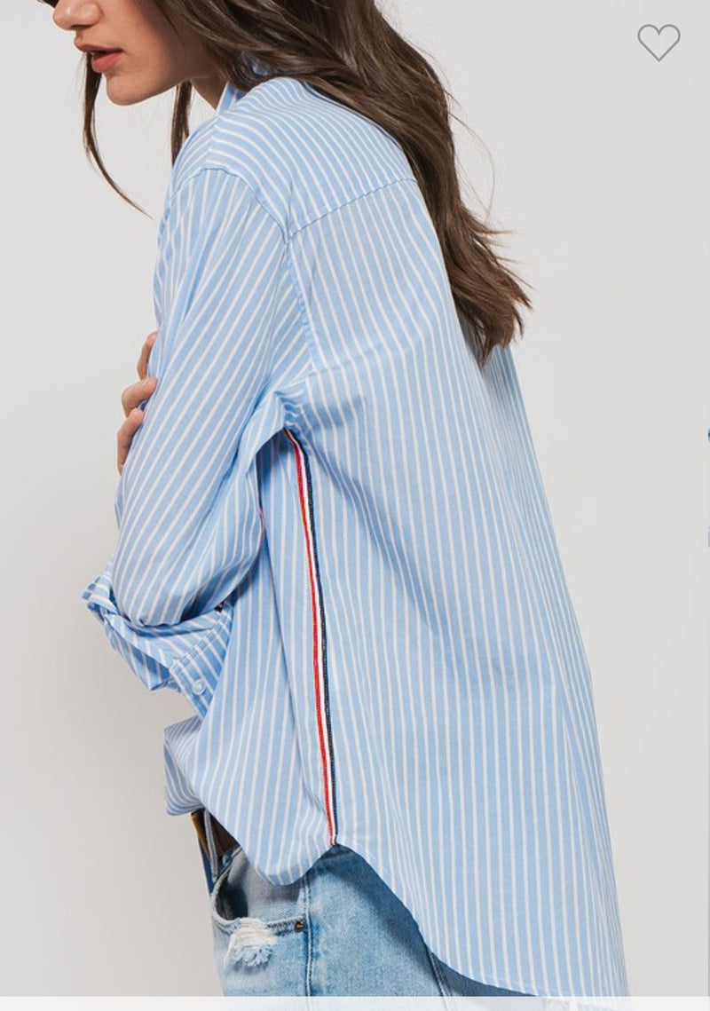 STRIPE TWILL TAPE DETAIL BUTTON DOWN OVERSIZED STRECHABLE STRIPE SHIRT