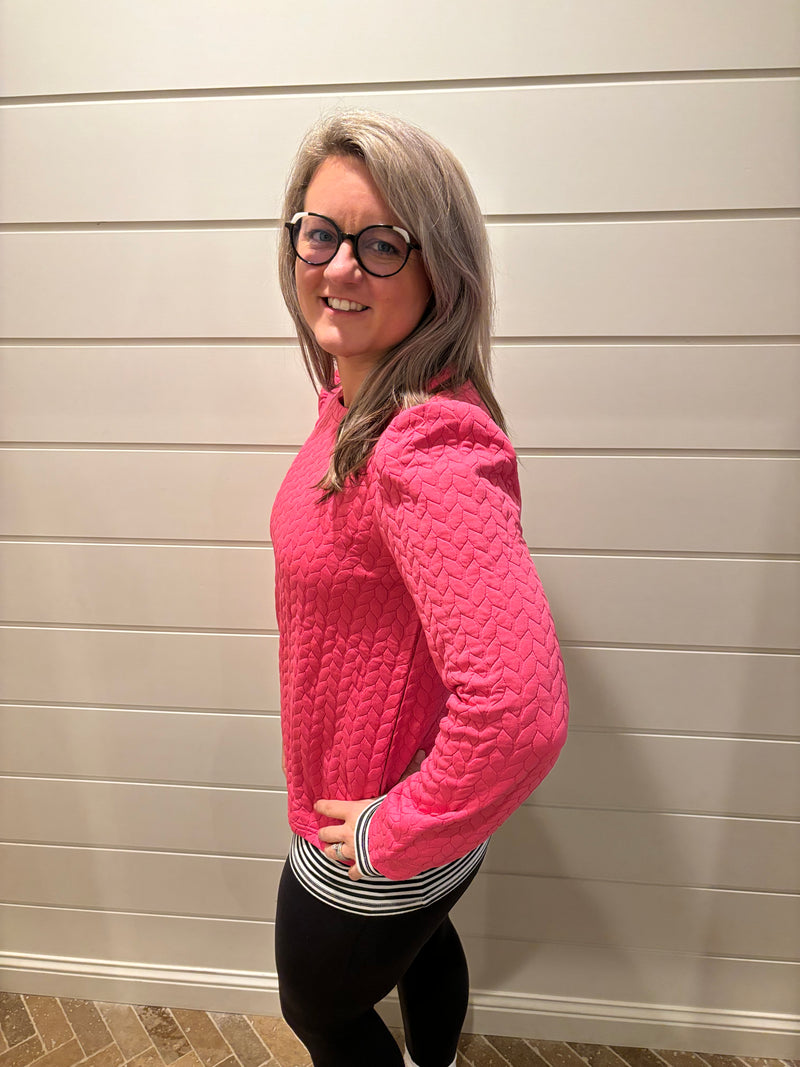 Textured Chevron  Quilted Long Sleeve Top: Hot Pink
