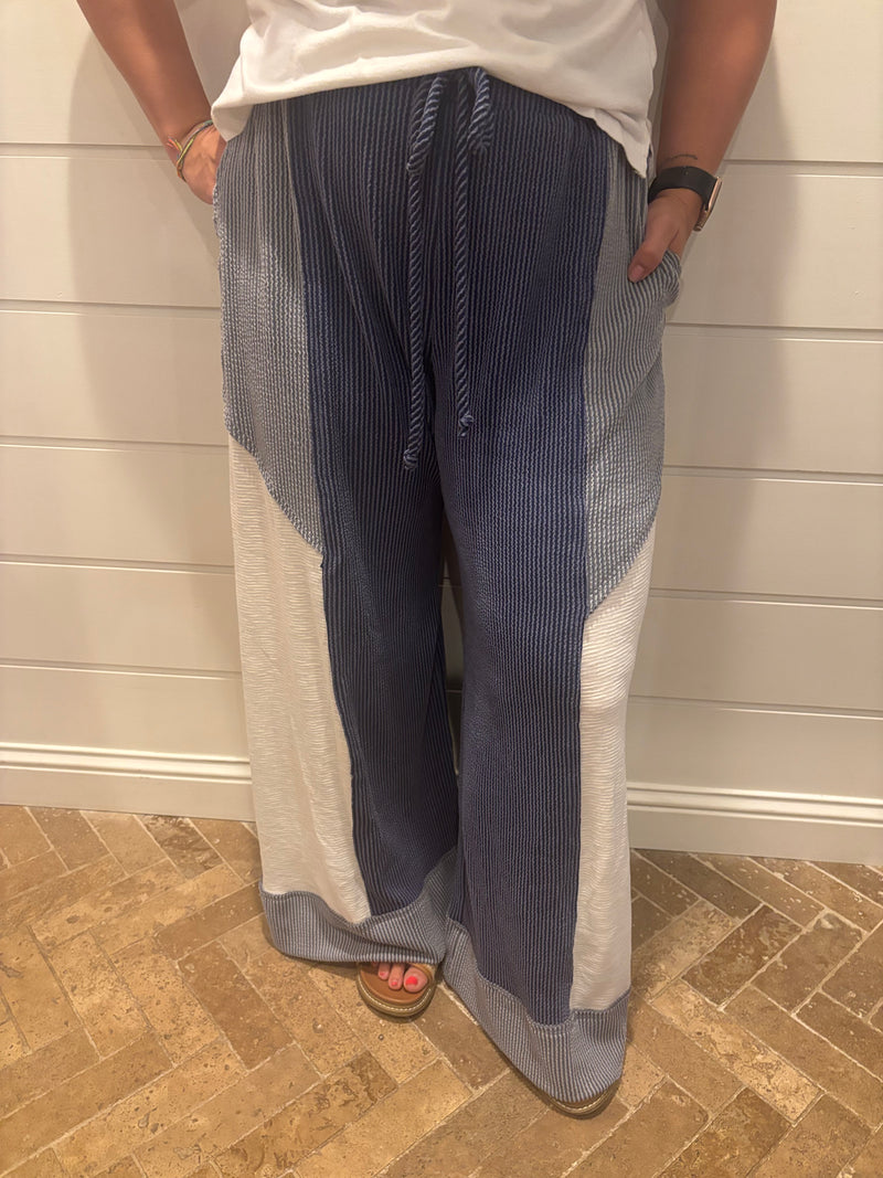 P5520 Color-Block Detail Rib Textured Wide Legs Pants