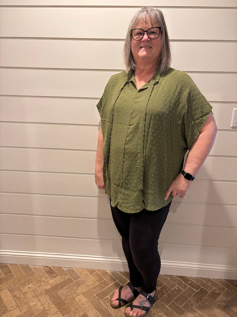 Plus Size Swiss Dot Mock Neck Tied Nape Top