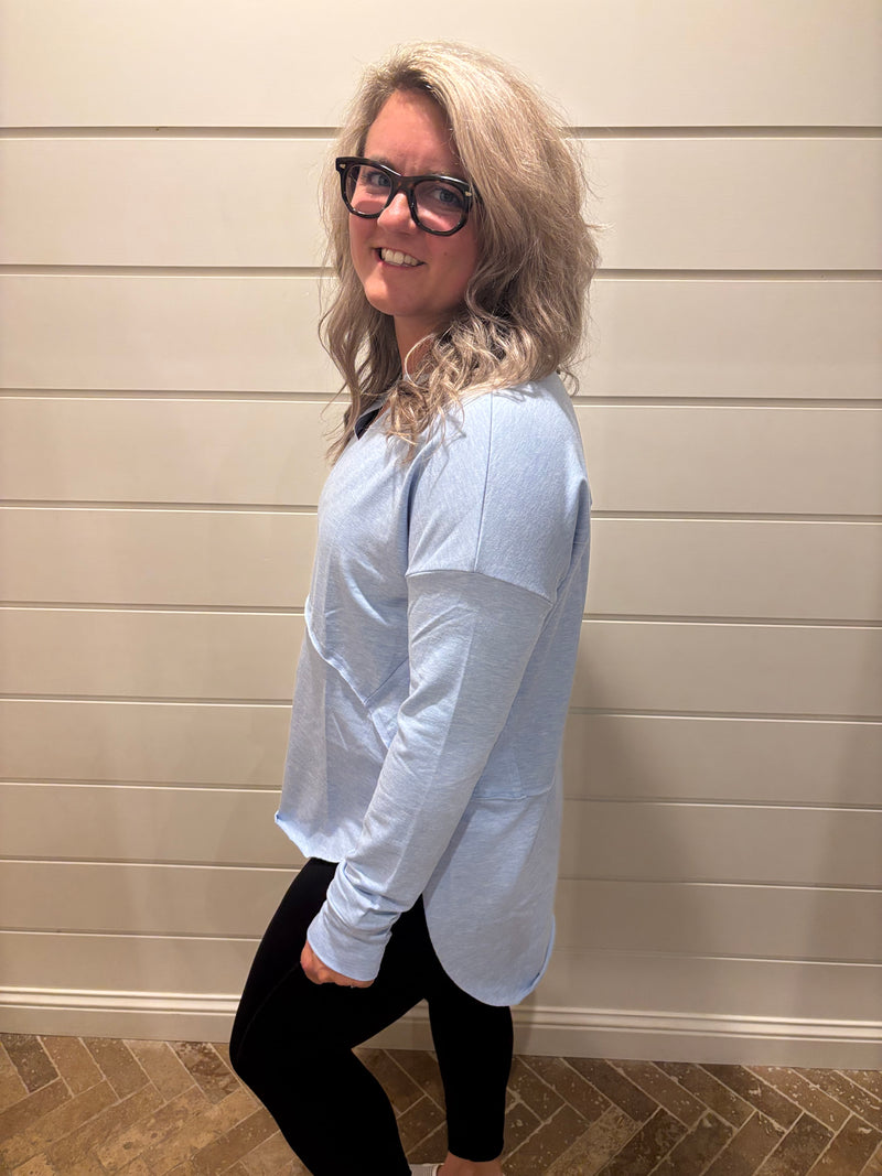 Notched Neck Terry Raw Hem Long Sleeve Top