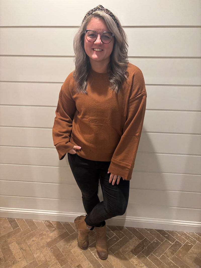 Cowboy flare sleeve knit sweater pullover in brown