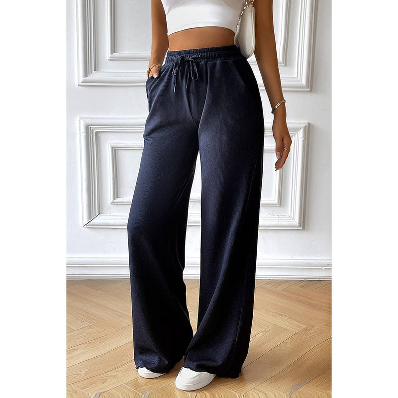 Straight Leg Elastic Waist Belt Solid Casul Pant