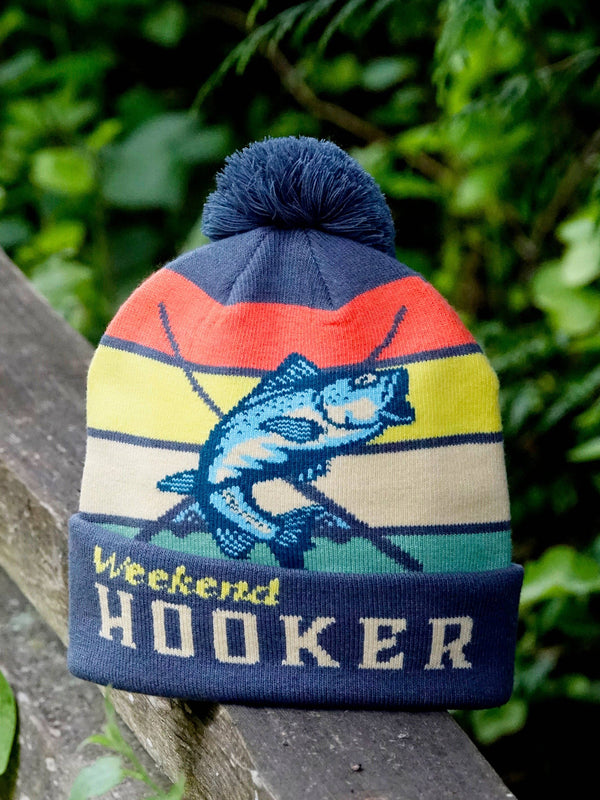 Weekend Hooker Knit Beanie Winter Hat with Pom Pom Fishing Bass Outdoor Cabin Style