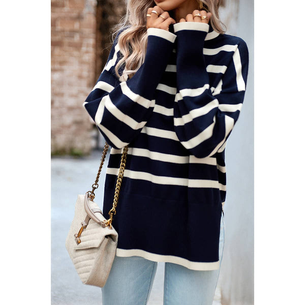 Strip Mock Neck Loose Fit Knit Side Open Sweater