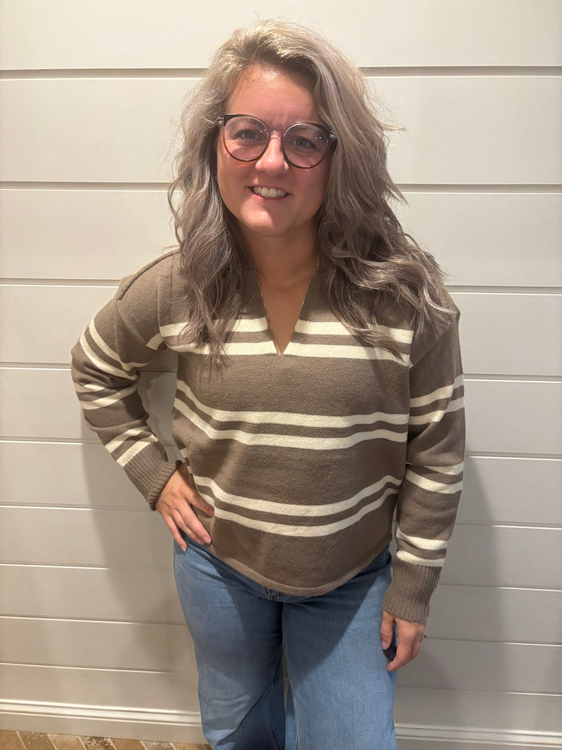 Notch Neck Stripe Sweater