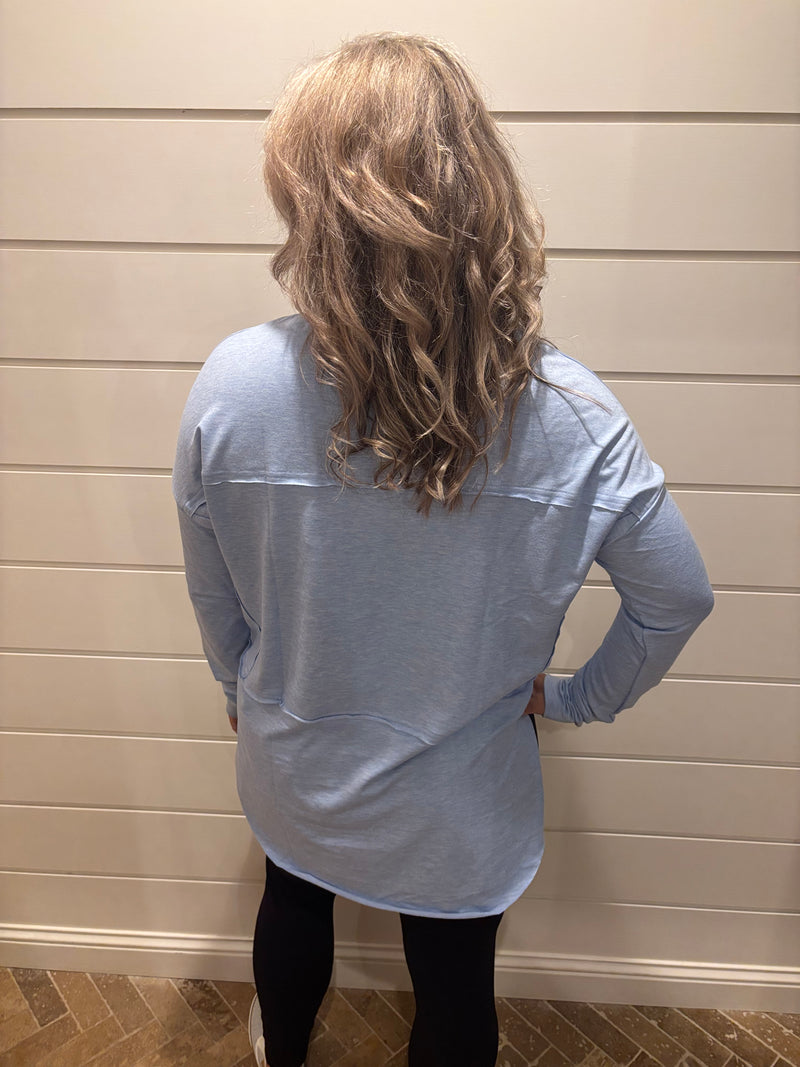 Notched Neck Terry Raw Hem Long Sleeve Top