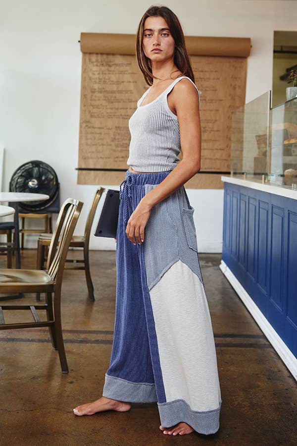 P5520 Color-Block Detail Rib Textured Wide Legs Pants