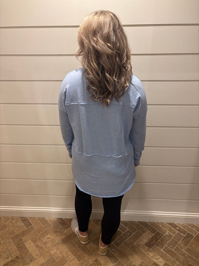 Notched Neck Terry Raw Hem Long Sleeve Top