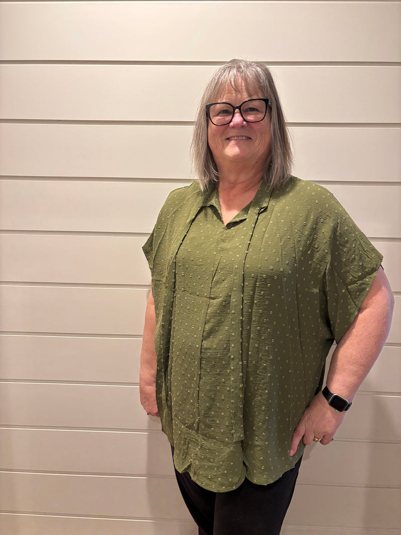 Plus Size Swiss Dot Mock Neck Tied Nape Top