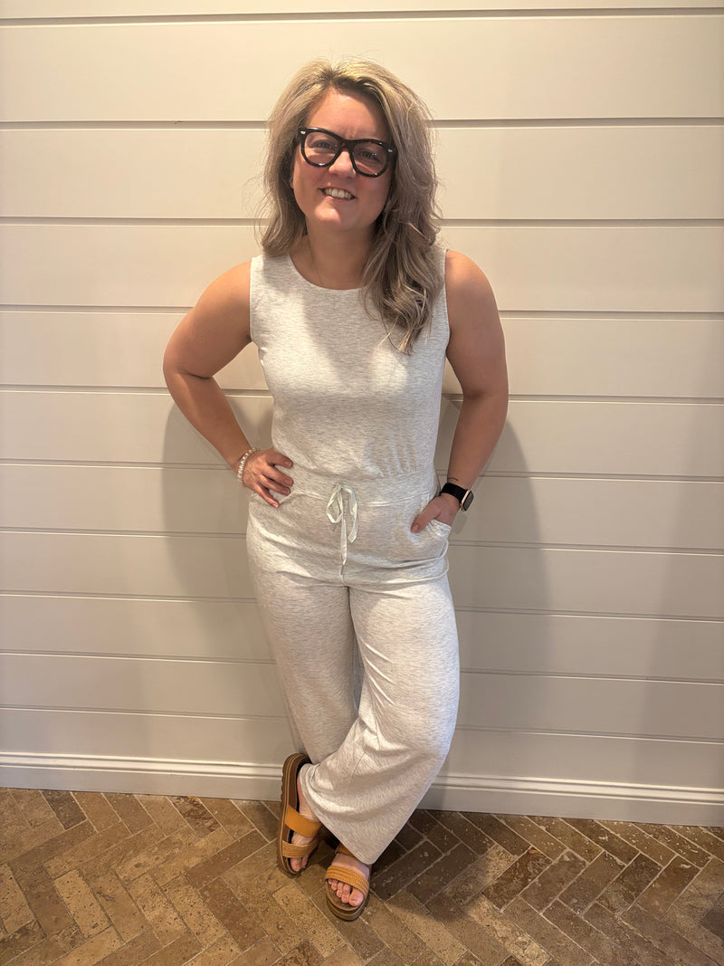 Solid Crew Neck Drawstring High Waist Sleeveless Jumpsuit
