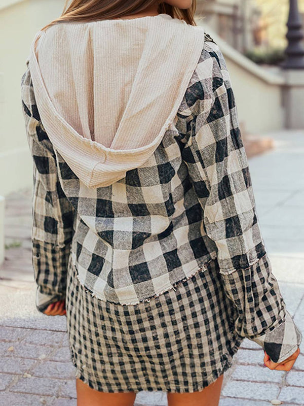 Double Plaid Patchwork Drawstring Hooded Shacket