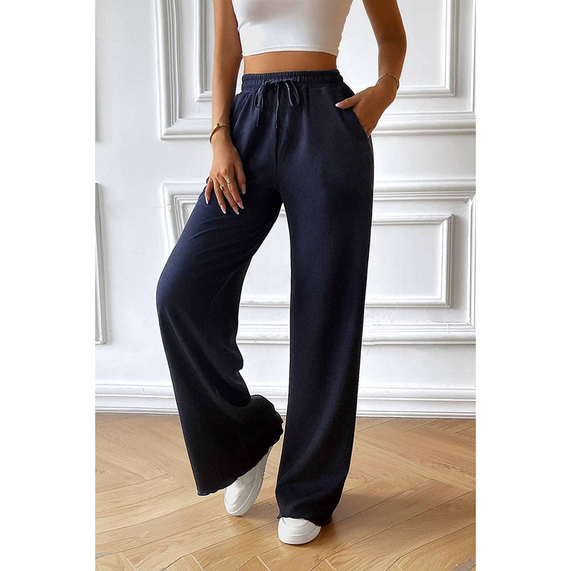 Straight Leg Elastic Waist Belt Solid Casul Pant