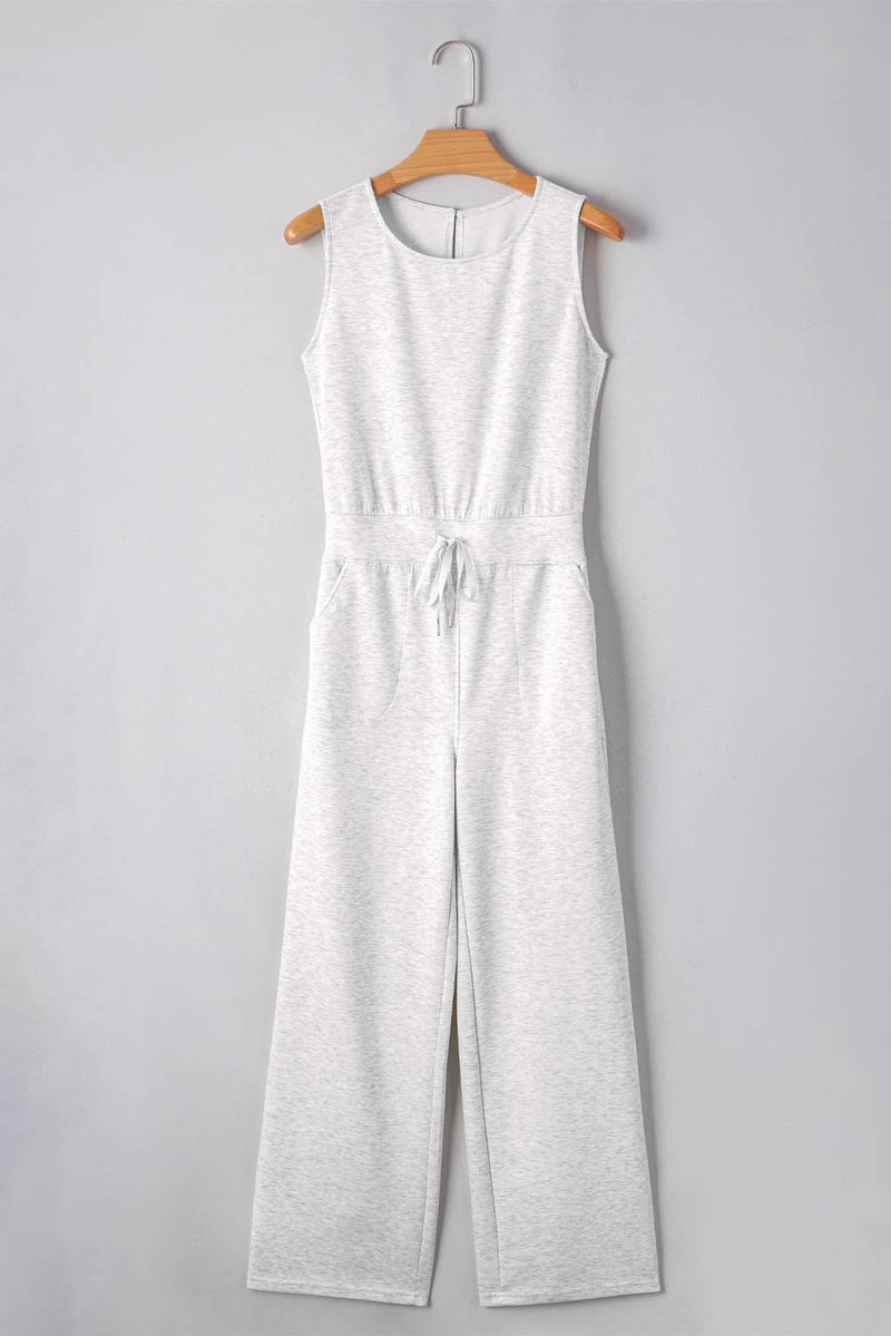 Solid Crew Neck Drawstring High Waist Sleeveless Jumpsuit