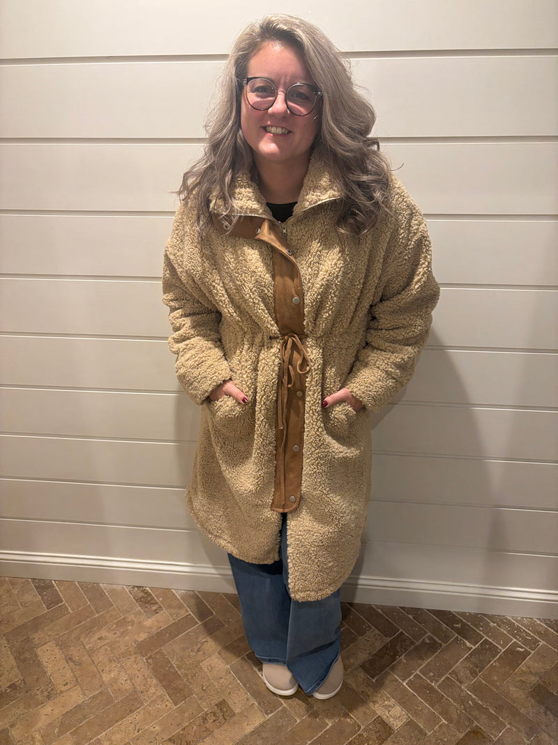 Faux Shearling Zip-Up Drawstring Knee-Length Coat