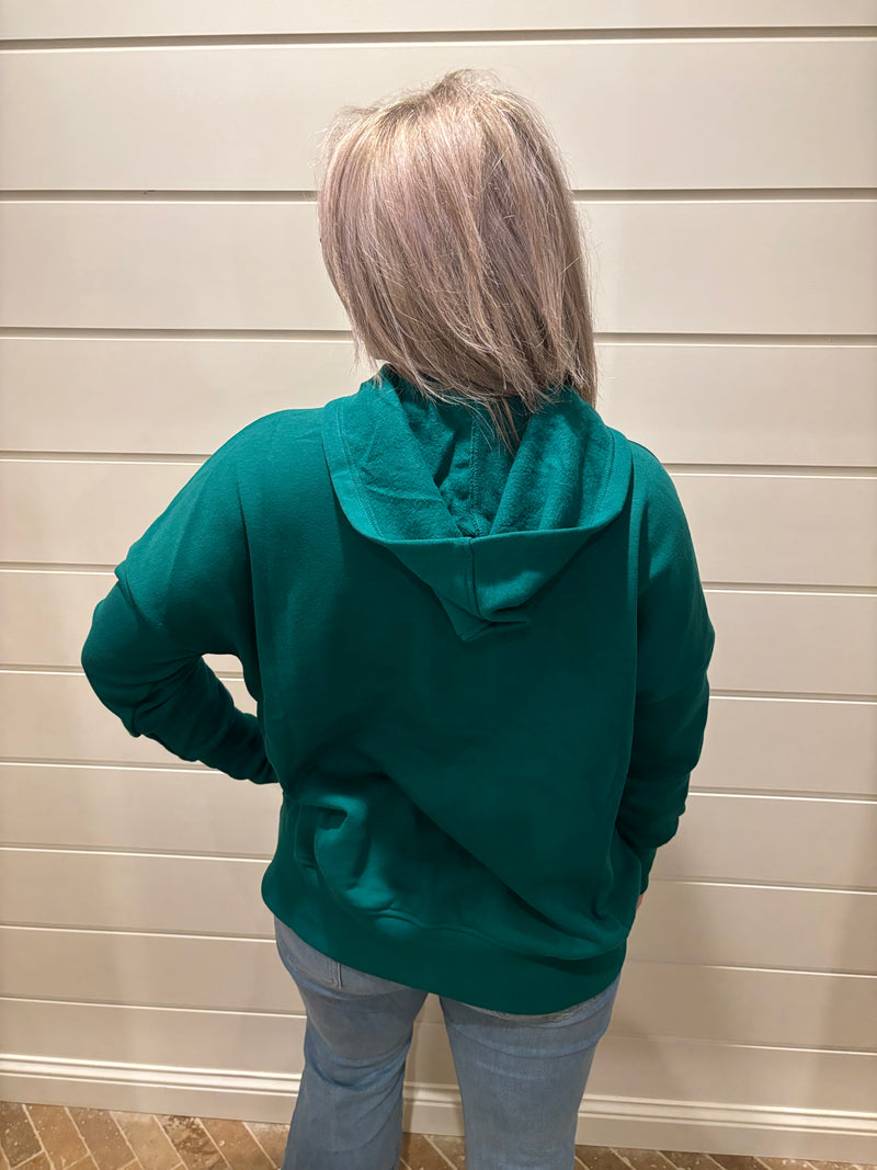 EMERALD HALF BUTTON FLEECE HOODED PULLOVER WITH KANGAROO POCKET