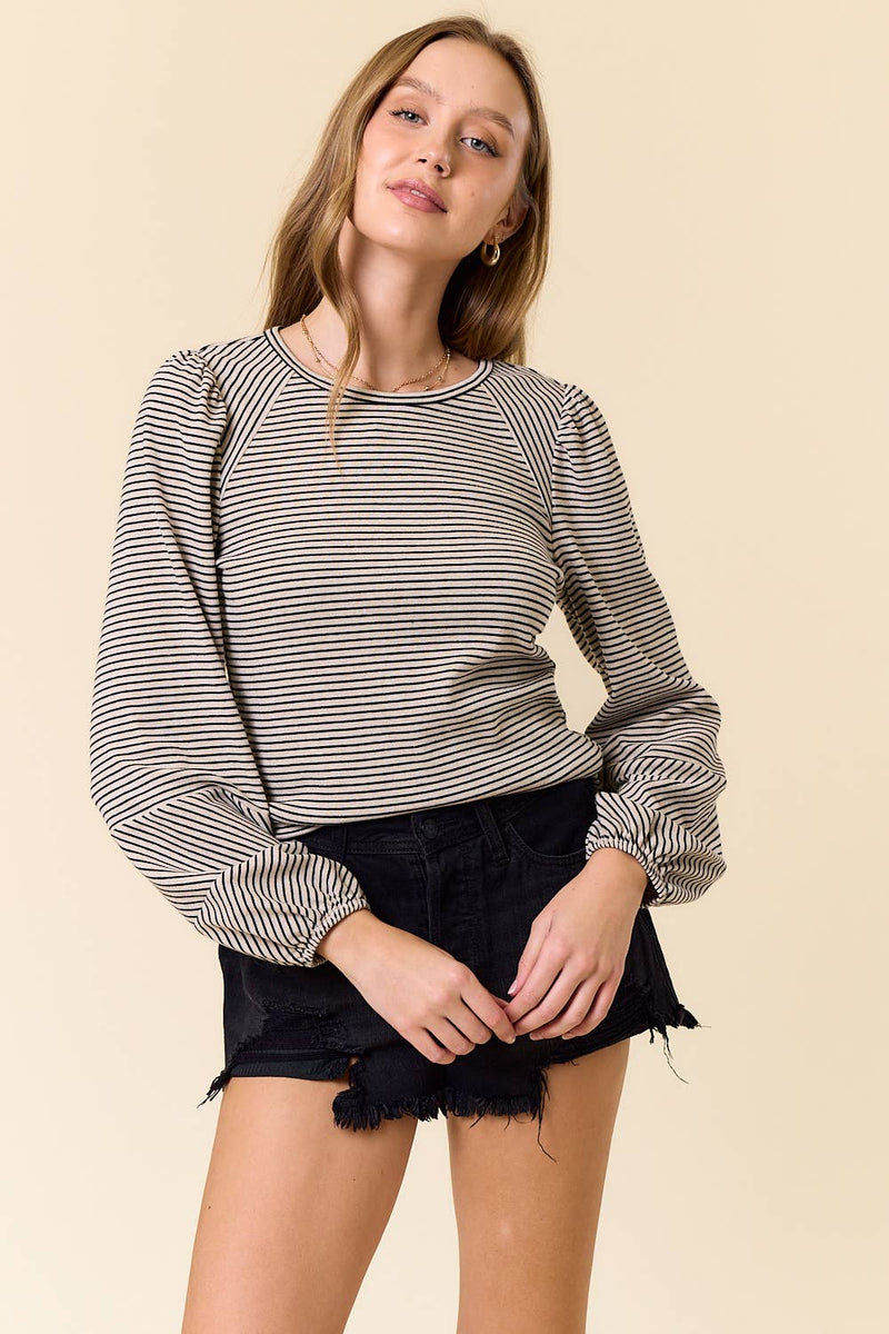 Round Neck Bubble Long Sleeve Striped Top