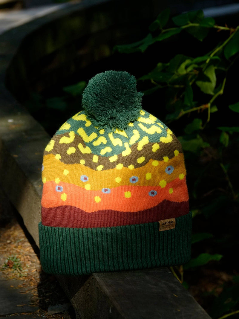 Trout Pattern Knit Beanie Hat with Pom | Speckled Fishing Outdoor Ribbed Cuffed Winter Cap