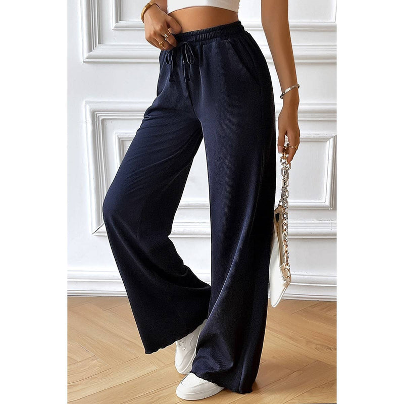 Straight Leg Elastic Waist Belt Solid Casul Pant