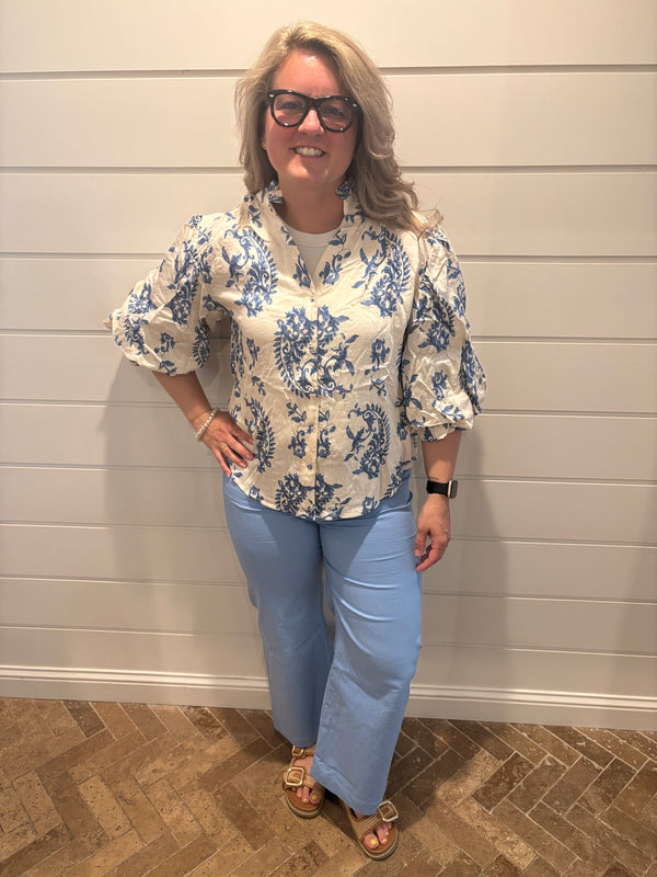 Button Down Blouse with 3/4 Length Balloon Sleeves