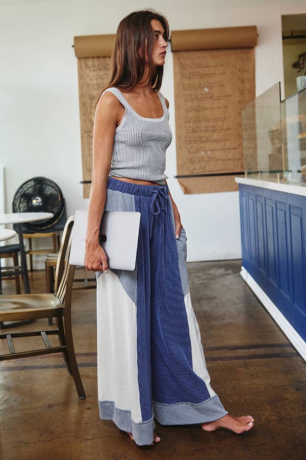 P5520 Color-Block Detail Rib Textured Wide Legs Pants
