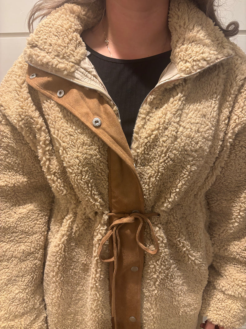 Faux Shearling Zip-Up Drawstring Knee-Length Coat