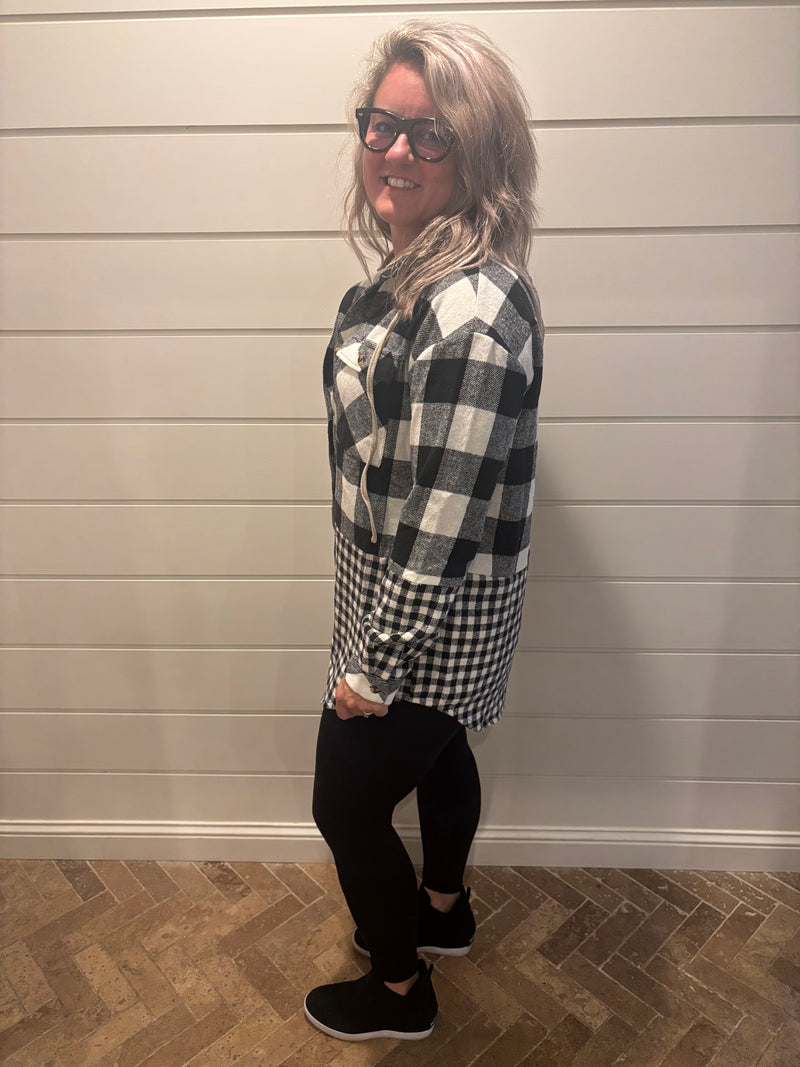 Double Plaid Patchwork Drawstring Hooded Shacket
