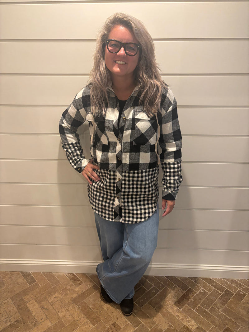 Double Plaid Patchwork Drawstring Hooded Shacket