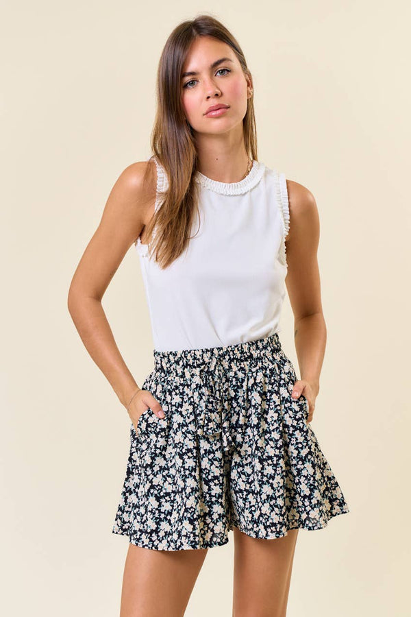 FLORAL PRINT DRAWSTRING WAIST WIDE LEG SHORT - 8820P