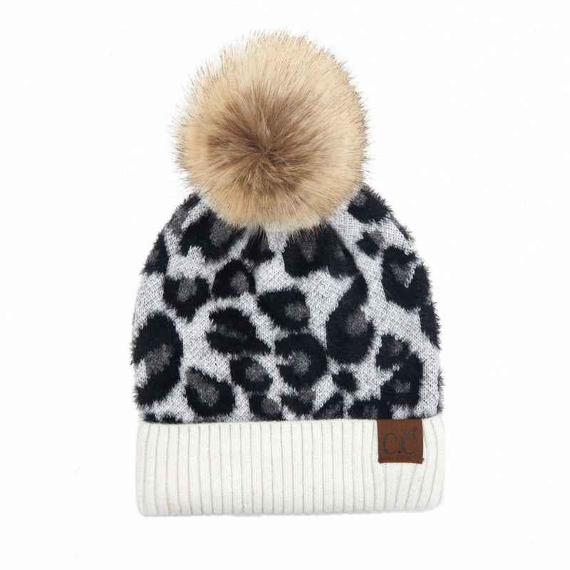 CC Beanie Leopard Winter Hat Ivory Adult