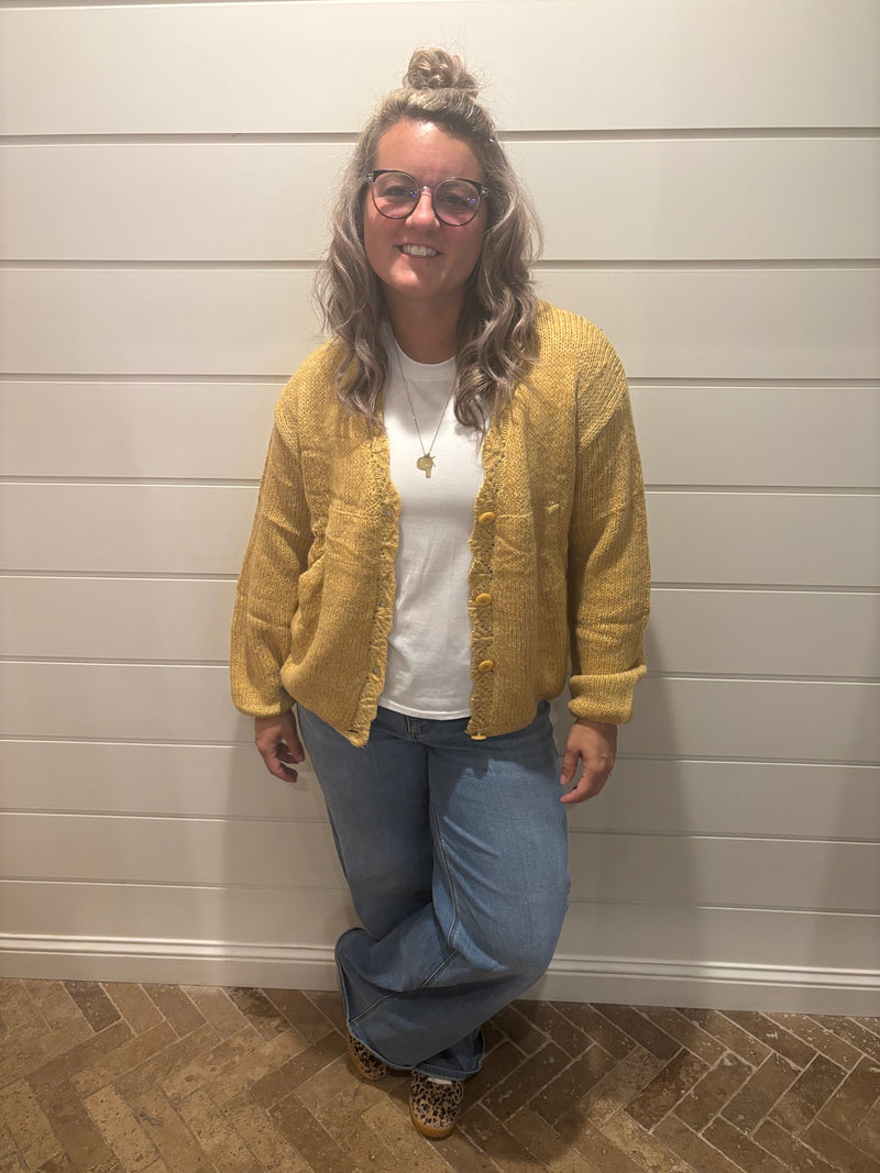 Lantern Sleeve Scallop V Neck Buttoned Front Cardigan