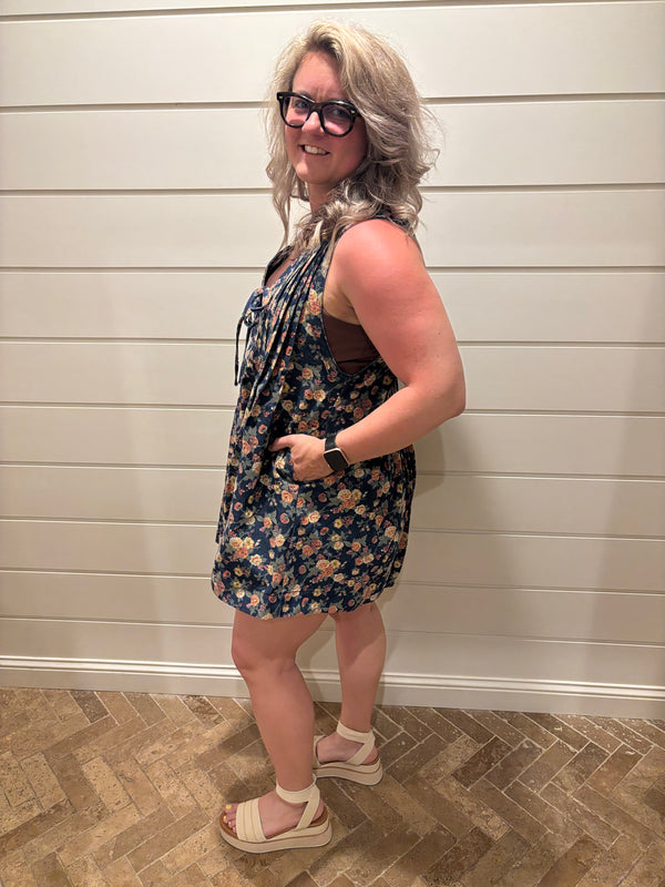 WASHED FLORAL DENIM ROMPER WITH FRONT TIE
