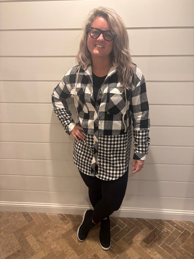 Double Plaid Patchwork Drawstring Hooded Shacket