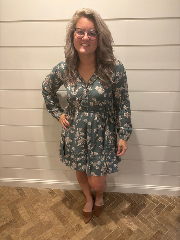Floral Mini Ruffle Neck Tie Side Ribbon Mini Dress