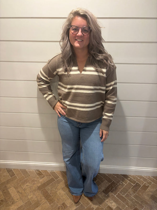 Notch Neck Stripe Sweater