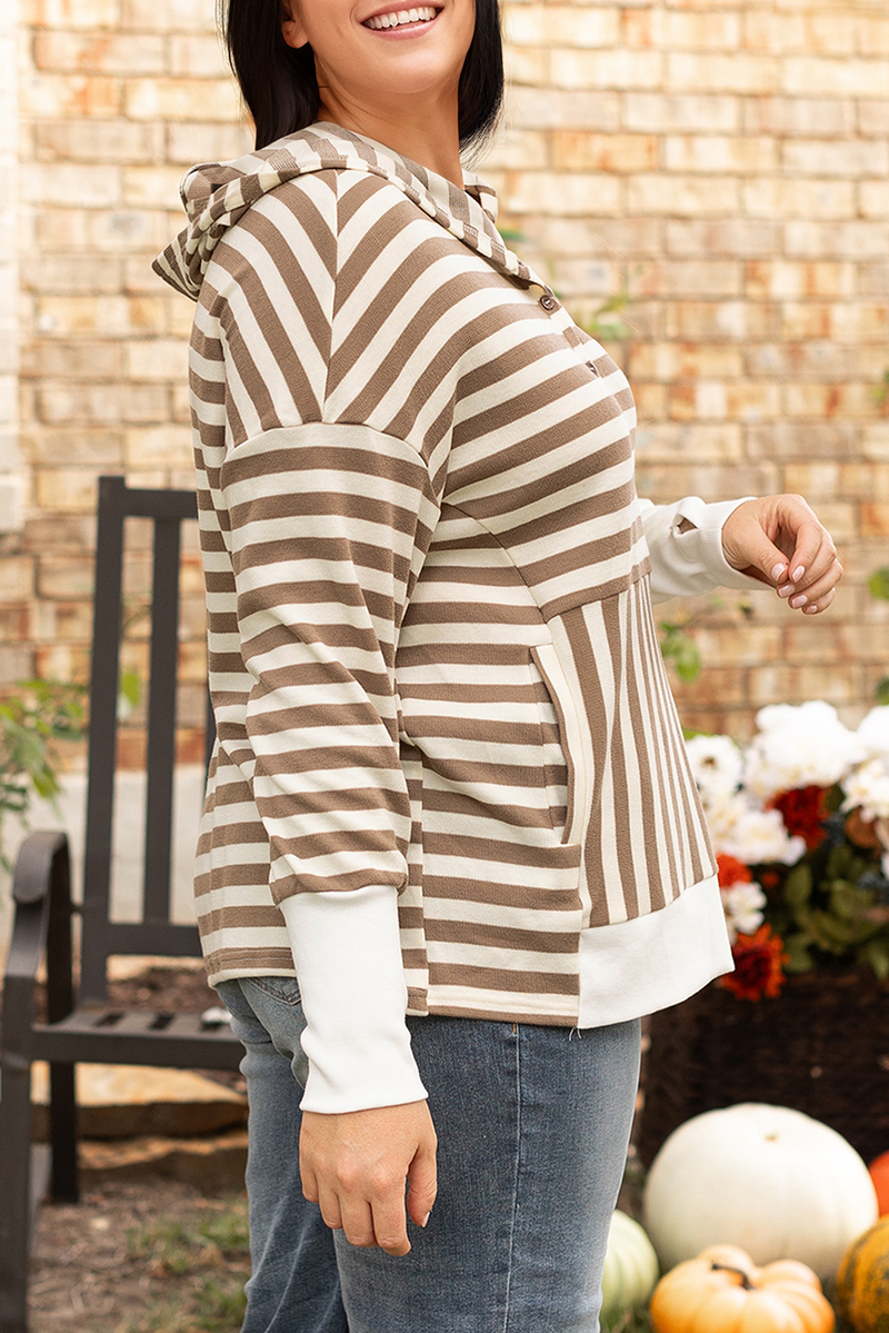 Women's Plus Size Striped Button-Up Long Sleeve Hoodie