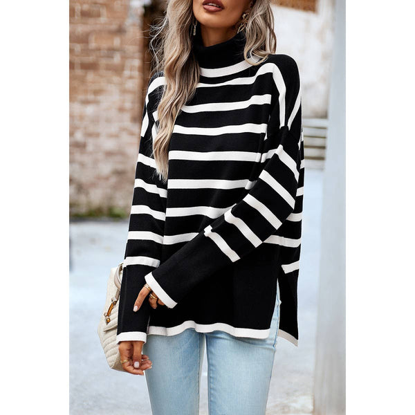 Strip Mock Neck Loose Fit Knit Side Open Sweater