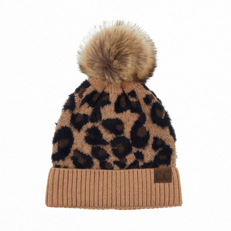 CC Beanie Leopard Winter Hat Ivory Adult