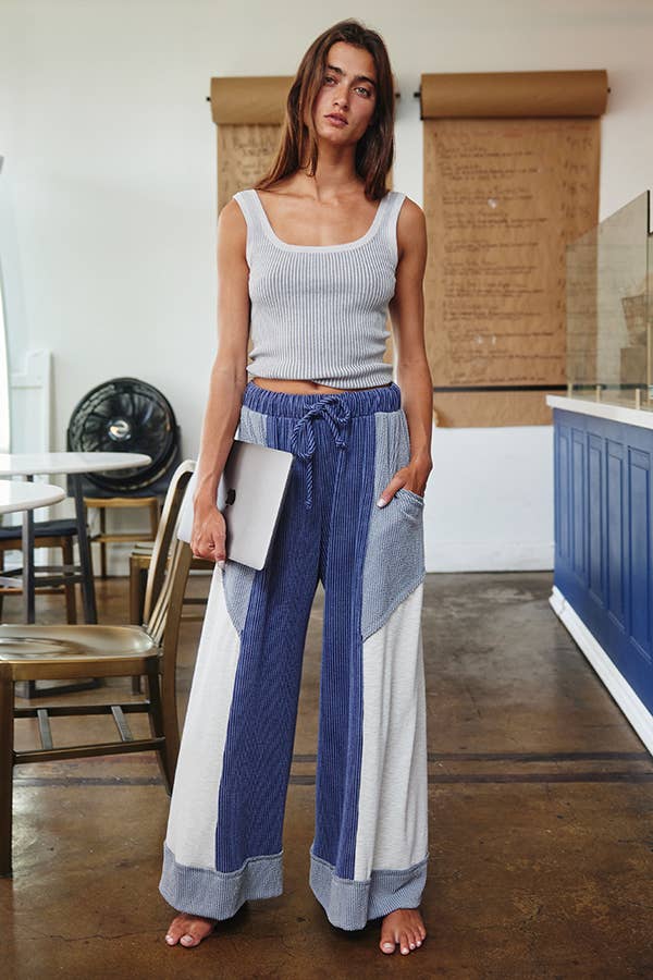 P5520 Color-Block Detail Rib Textured Wide Legs Pants