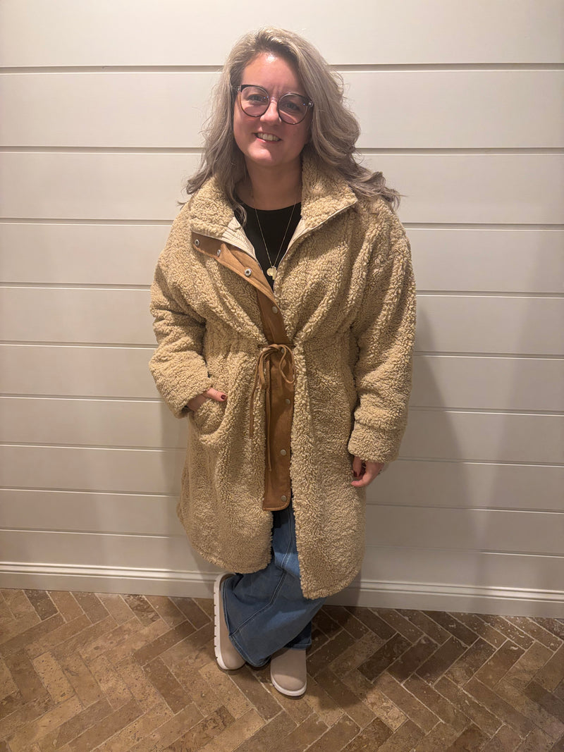 Faux Shearling Zip-Up Drawstring Knee-Length Coat