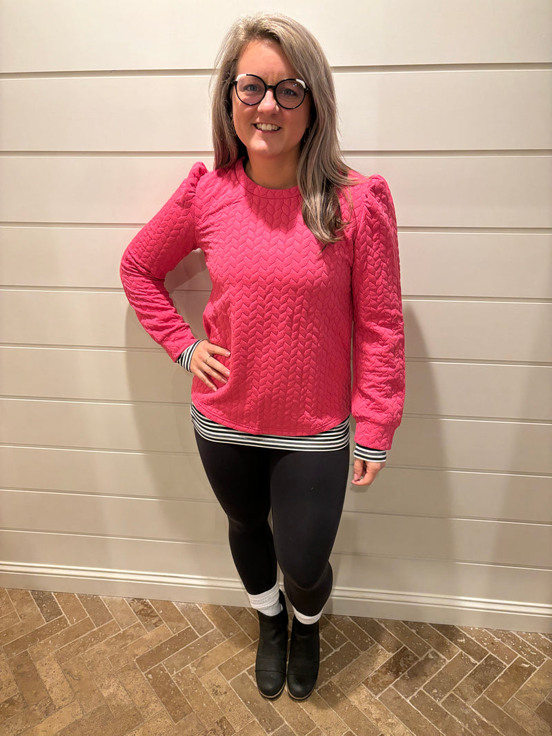 Textured Chevron  Quilted Long Sleeve Top: Hot Pink