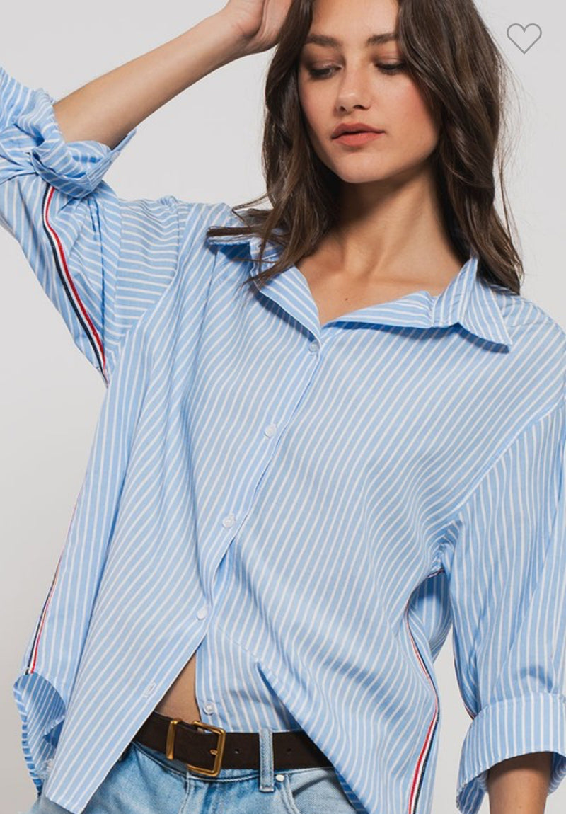 STRIPE TWILL TAPE DETAIL BUTTON DOWN OVERSIZED STRECHABLE STRIPE SHIRT