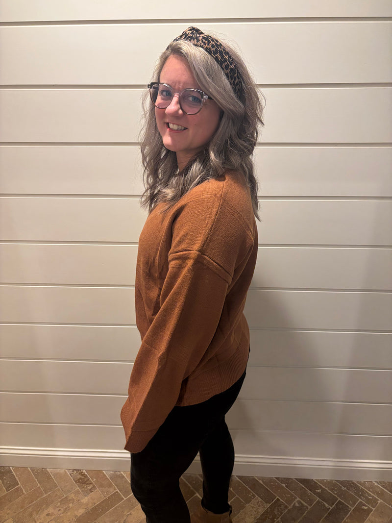 Cowboy flare sleeve knit sweater pullover in brown