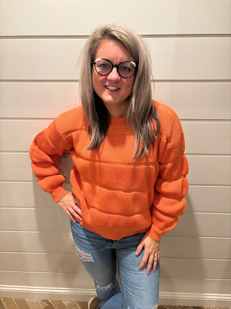 Chunky Ribbed Knit Bubble Sweater: Orange