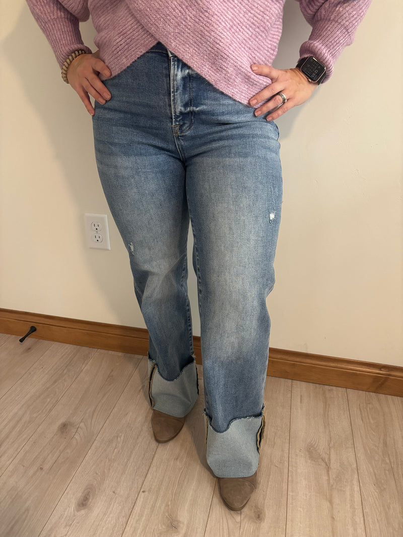 High Rise Ankle Wide Cuffed Jeans